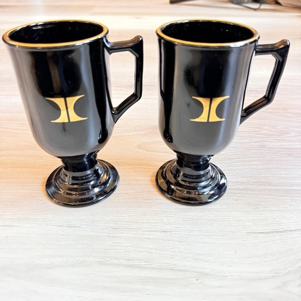 Vintage Hilton‎ Hotel 70's Logo Black and Gold Irish Coffee Pedestal Mugs - 2